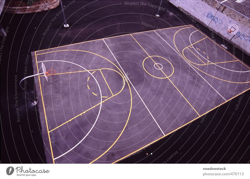 Basketbal Court from above Playing Sports Basketball netball Concrete Black Court building field Playing field tarmac lines painted basket ball Town Gray