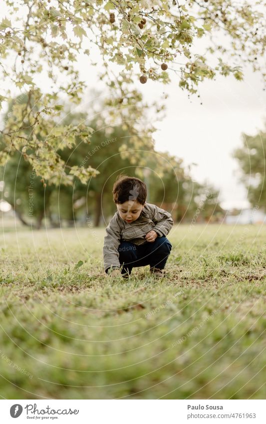 Cute Boy playing outdoors Tree Curiosity Love of nature Child childhood Life Childhood memory Caucasian Colour photo Authentic Day Exterior shot Lifestyle