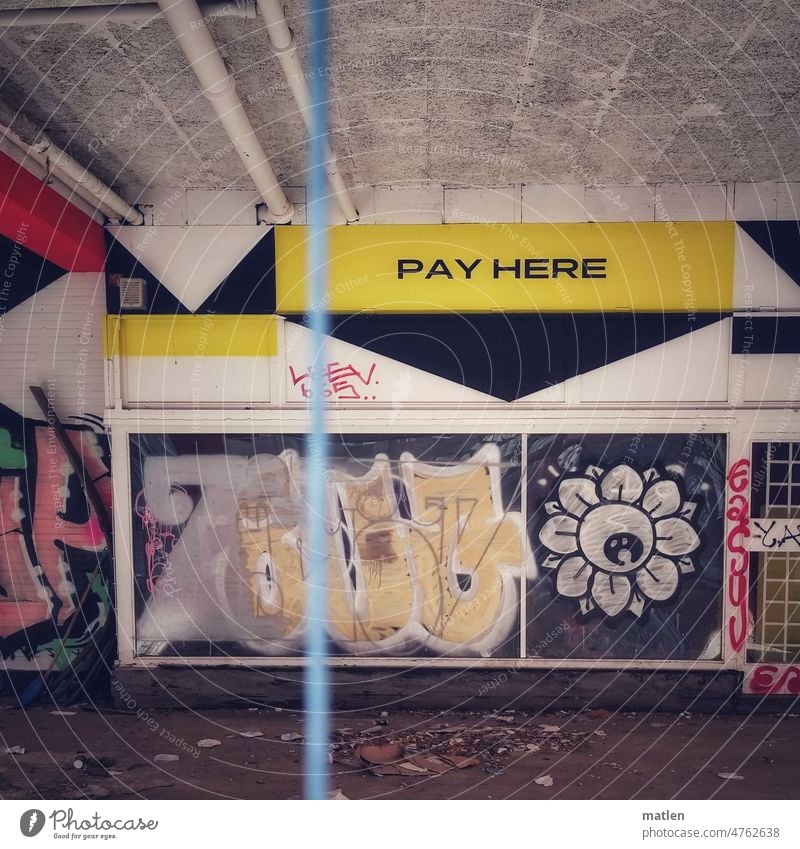 Pay Here Town Berlin forsake sb./sth. Petrol station Exterior shot Deserted Colour photo Graffiti Concrete Facade Wall (barrier)