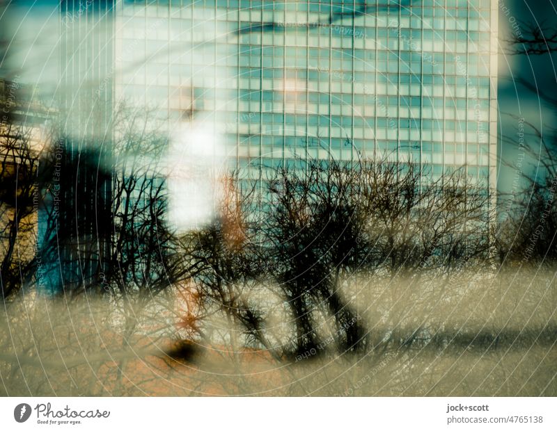 urban interweaving of man, nature and architecture Human being Silhouette Branches and twigs Illusion Downtown Berlin Experimental Reaction bokeh defocused