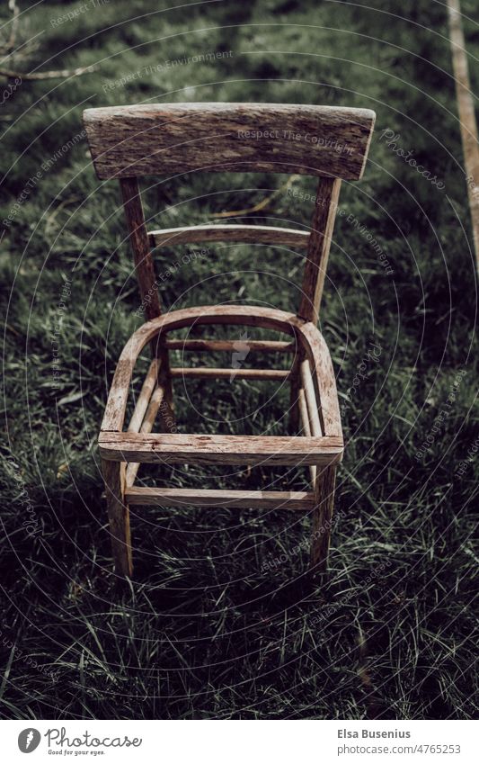 Weathering Weathered Wooden chair Chair Seating Furniture Brown Exterior shot Garden Hollow Old Meadow Nature Force of nature Abrasion run-down Emotions