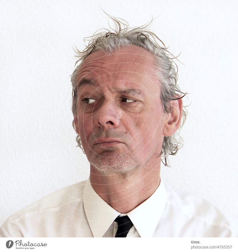 myself | remain curious for what is yet to come portrait Gray-haired Shirt Tie Looking facial expression masculine Masculine Skeptical Eyebrow Hair gel mazy