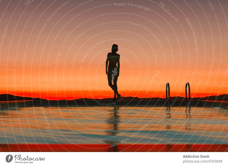 Woman silhouette at sunset woman swimming pool nature summer sunrise young sky person outdoor sunlight evening lifestyle water freedom female girl orange dusk