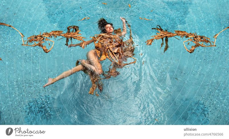 Top view of a beautiful young sexy woman floating elegantly relaxed in dried up leaves of a banana tree, turquoise water in the pool, copy space dry women hair