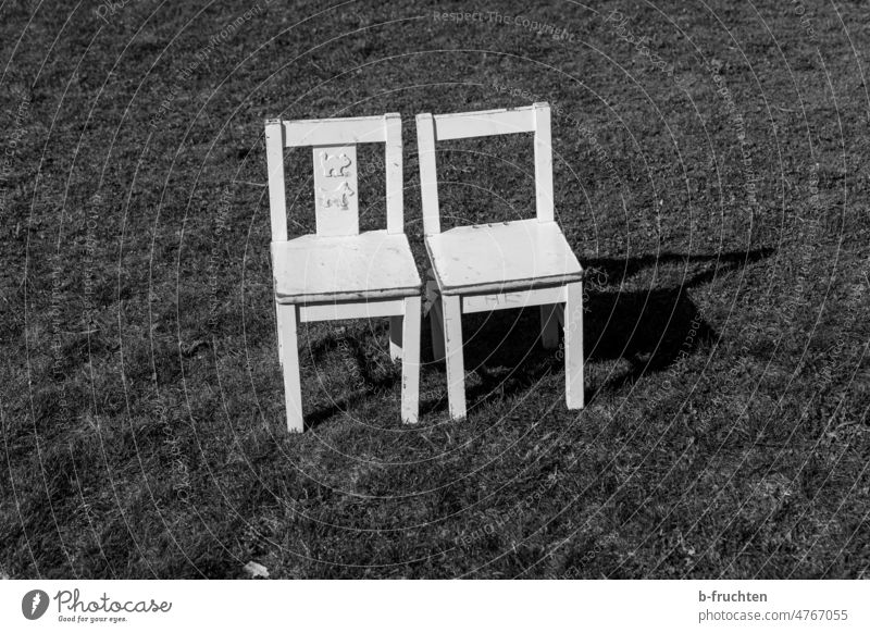Two chairs side by side in the meadow Armchair two Empty Deserted Seating Chair Furniture Loneliness Sit Places Free White Black & white photo Meadow Grass