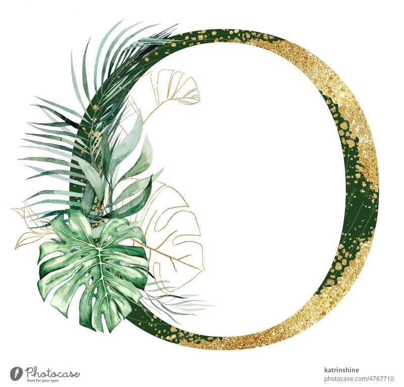 Golden letter O decorated with green and golden Watercolor tropical leaves isolated Botanical Character Drawing Element Exotic Hand drawn Holiday Isolated