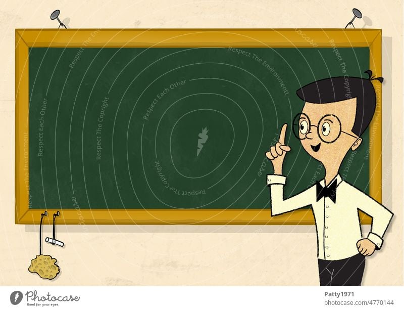 Teacher stands smiling with raised index finger in front of green school blackboard. Illustration Education Cartoon Study School Blackboard Academic studies