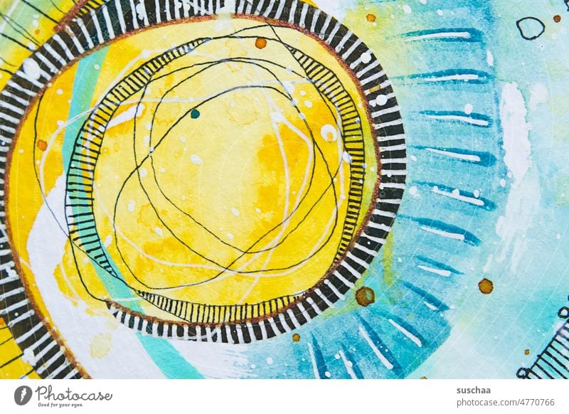 painted in cyan and yellow Painted Colour watercolour Yellow dotted circles Curlicue Abstract Art Structures and shapes Creativity variegated Bright colored