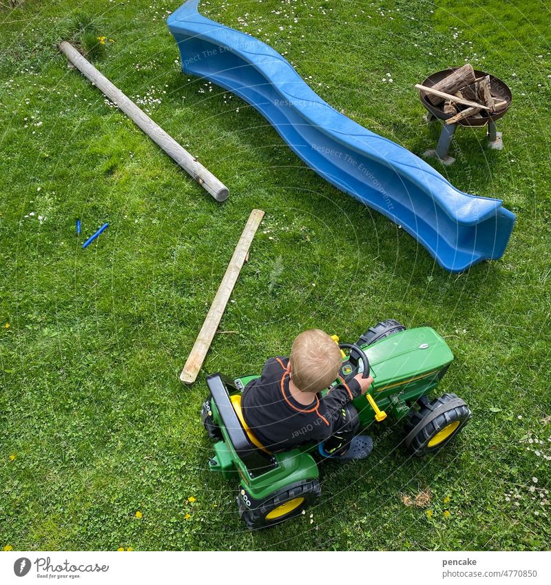 workshop | attention, here we create! Wood Tractor Boy (child) Child WoodWooden piles Slide Workshop out Meadow Garden Driving Work and employment Exterior shot