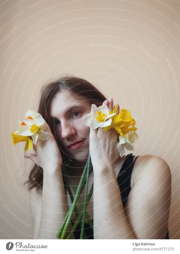 Portrait with daffodils Daffodils Spring Nature Flower Blossom Narcissus Portrait photograph portrait Yellow Wild daffodil Spring flowering plant Spring fever
