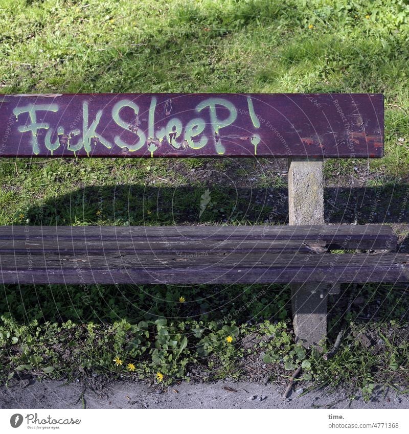 ParkBank bench Park bench Meadow graffiti Text embassy Bad mood Broken Wood Concrete Sleep crappy sunny Shadow emergency site Homeless Opinion Aggravation Anger