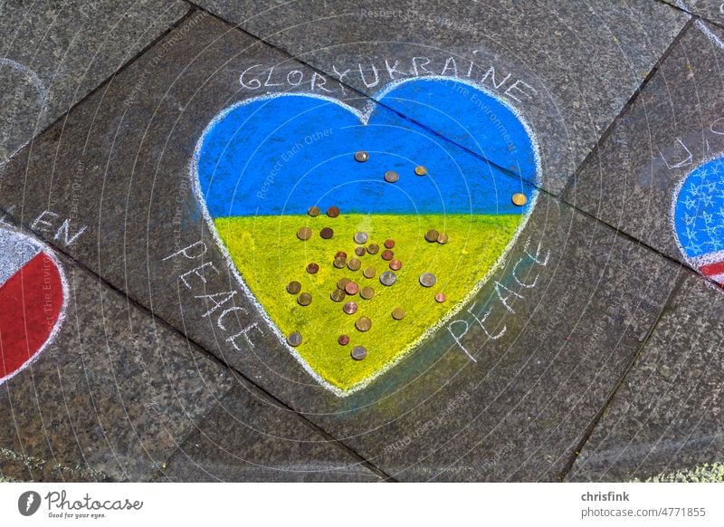 Ukraine flag in shape of heart painted with chalk on way Yellow Blue War Peace peace battle Russia putin Politics and state Solidarity Peace Wish Protest
