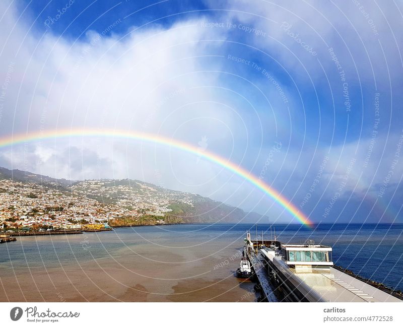 Rainbow | can you bend rain ? Madeira Portugal Sun Harbour Funchal Ocean Water Vacation & Travel Tourism Sky Nature Blue Island Light variegated Spectrum