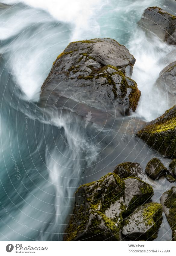 Fast flowing water and dormant boulders, moss covered River Water Flow Hissing Wild Movement Waves White crest stones Rock Brocken Obstacles Waterfall down Foam