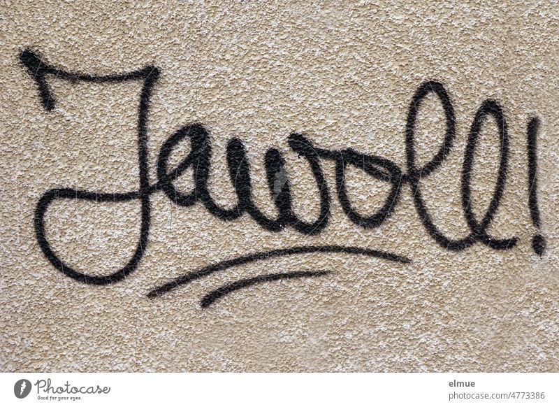 in black cursive is written - Jawoll ! - on a roughly plastered wall / graffiti yes Approval Graffiti laud Black Wall (building) roughcast Typography writing