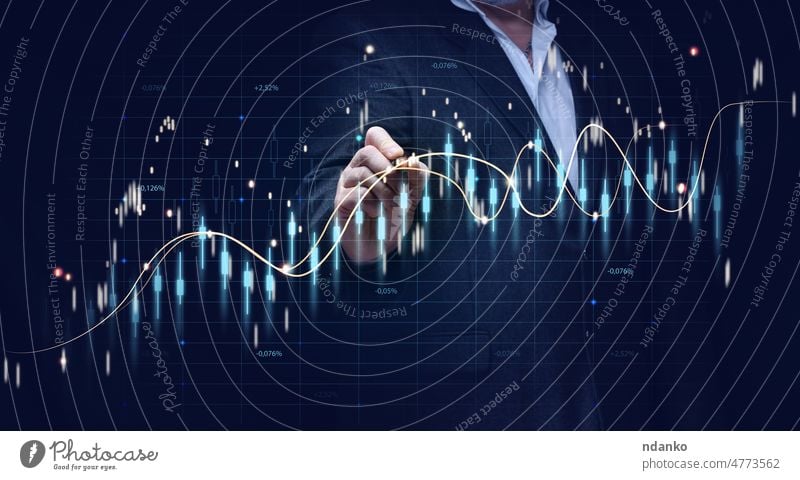 Graph of price growth and indicators. Analysis of indicators on a virtual screen by a businessman in a suit. Growth of business indicators, high profit analysis