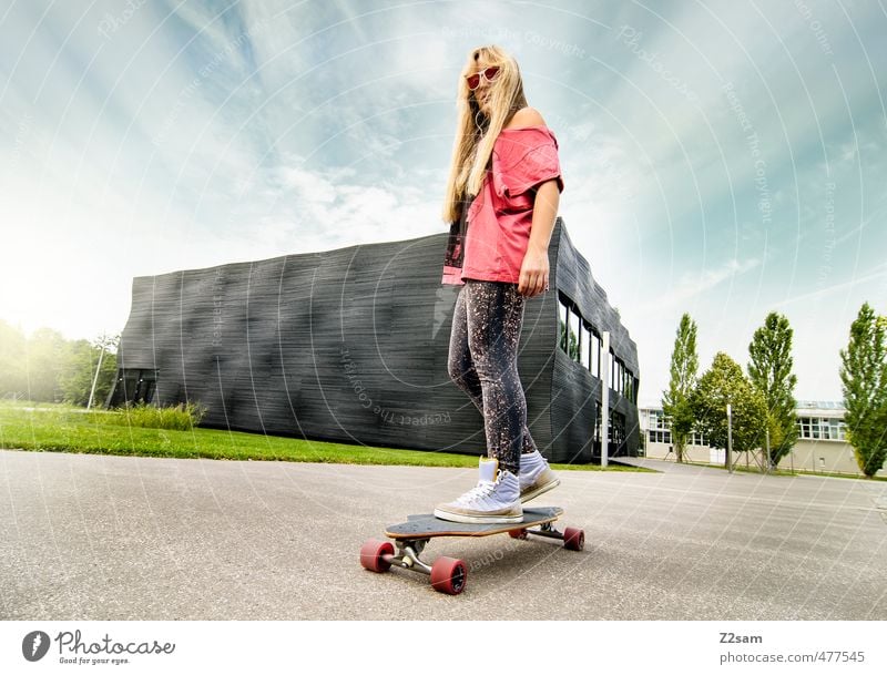 cruising Lifestyle Style Leisure and hobbies Summer Sports Longboard Skateboard Feminine Young woman Youth (Young adults) 18 - 30 years Adults Sky Sunlight