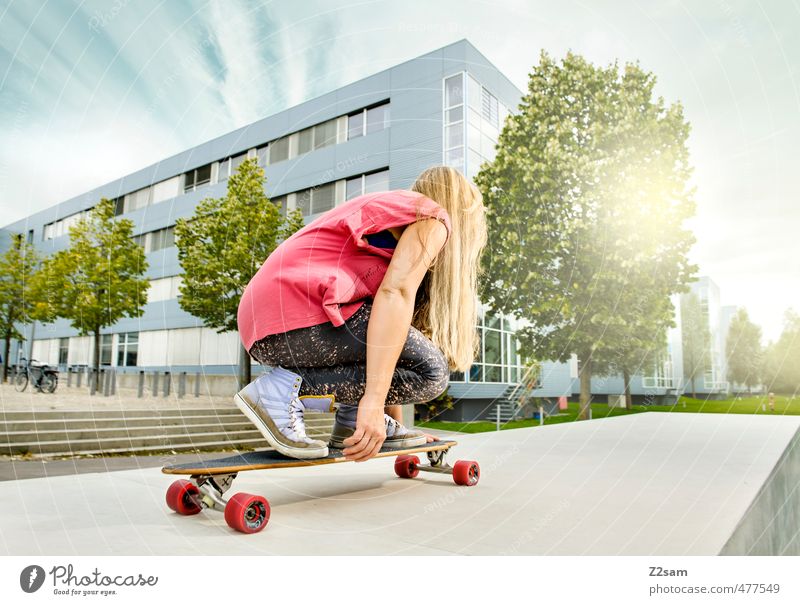 city surfer Lifestyle Style Freedom Summer Sports Skateboarding Longboard Feminine Young woman Youth (Young adults) 18 - 30 years Adults Sky Beautiful weather