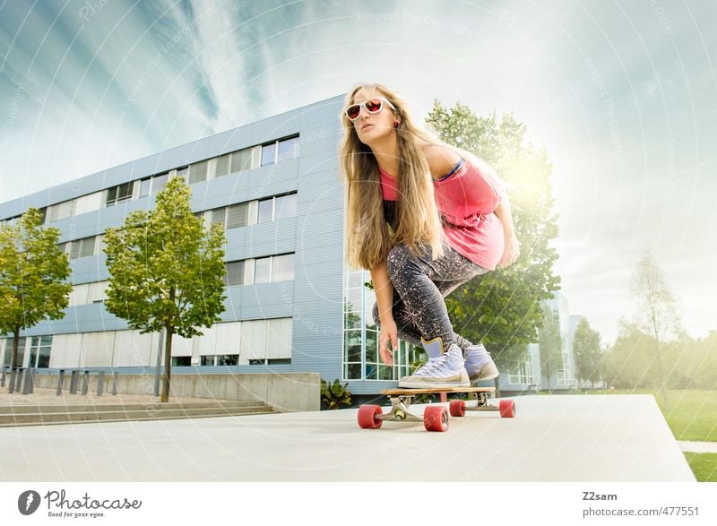 Boards that mean the world! Style Sports Skateboarding Feminine Young woman Youth (Young adults) 18 - 30 years Adults Landscape Sky Summer Tree Bushes Town