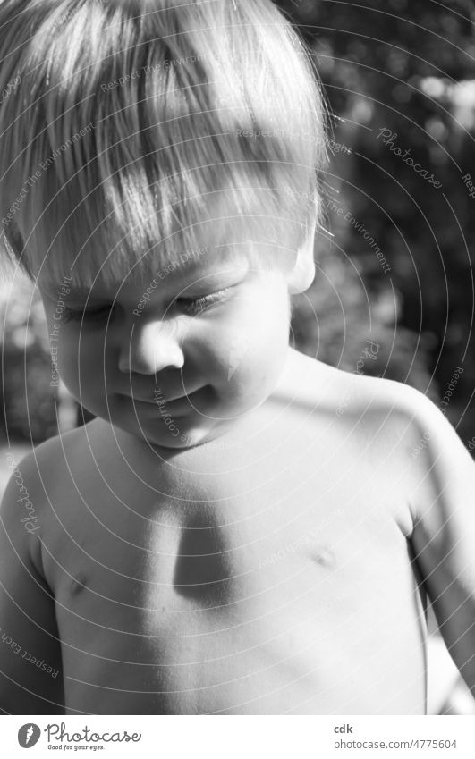 Childhood | Light and Shadow. Human being Boy (child) Toddler black and white photo Close-up portrait Face Skin Blonde free torso Stand Playing Smiling