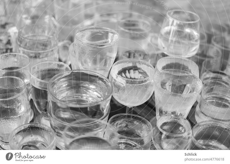 Drinking glasses filled with rainwater Water Rainwater Full full to the brim Many Second-hand Rainy weather Exterior shot Wet Bad weather Deserted