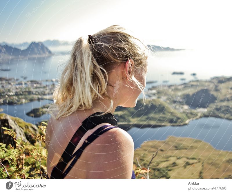 Lofoten V Vacation & Travel Trip Adventure Far-off places Freedom Mountain Hiking Feminine Head Back 1 Human being Nature Landscape Bay Fjord Bangs Breathe