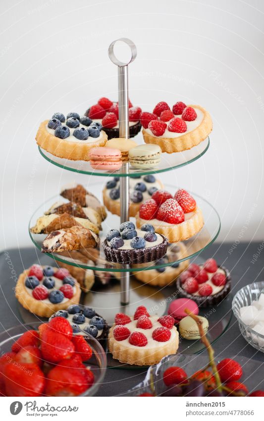 A glass trolley with various pastries biscuits celebration Tartlet Birthday Baptism Spring Summer celebrations Seasons Colour photo Feasts & Celebrations