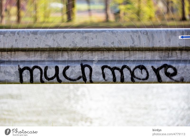 " much more " Inscription on a guardrail, weak depth of field. Much more Characters Demand Lacking quantity universally insufficient mass English Graffiti