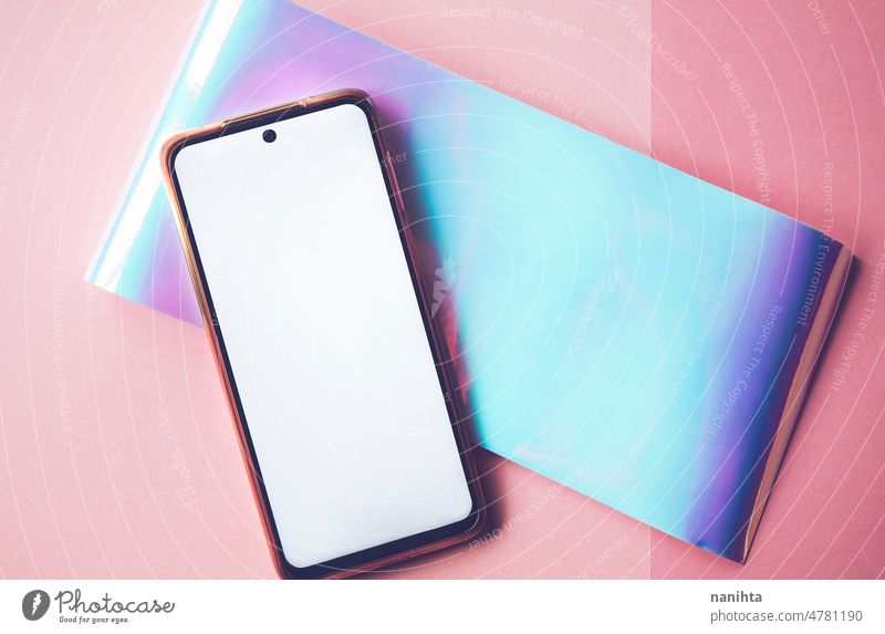 Elegant android phone mockup with a fresh design with iridiscent colors screen new future elegant elegance clean pastel tones surface smart phone mobile