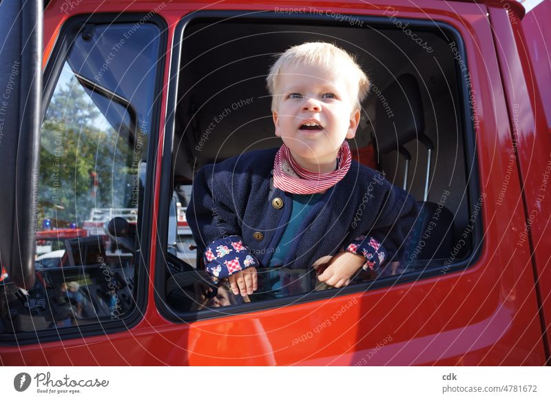Childhood | TatüTata, the fire department is here! Human being Toddler Boy (child) Blonde youthful Small Fire engine Car Window look out of the car window