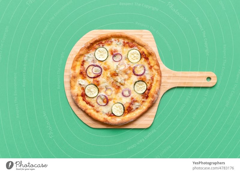 Vegetarian pizza on wooden board, top view above background baked bright carbs cheese close-up color crust cuisine cut out delicious dinner fast flat lay food