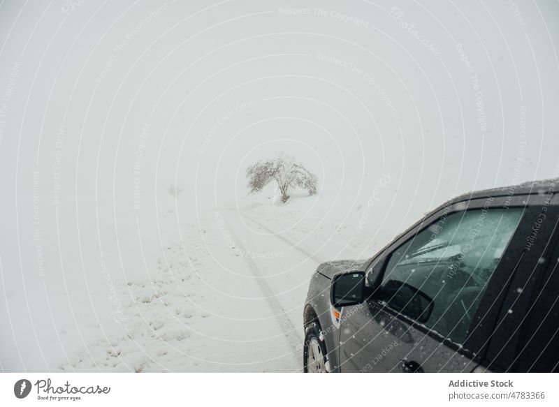 Car driving on snowy road car drive winter countryside hoarfrost speedway road trip automobile cold fog weather vehicle route frozen nature transport mist