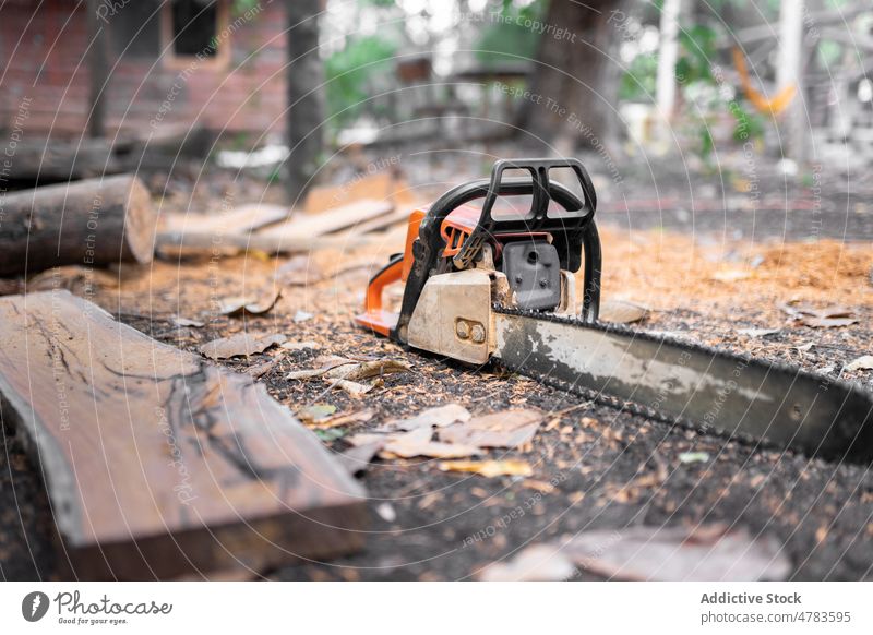 Chainsaw on ground in rural area chainsaw instrument countryside portable equipment tool industry tree appliance building summer environment plant sawdust