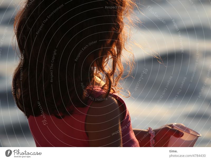 Girl with cup Water Waves Back-light bank evening light look stop Mug Long-haired Curl