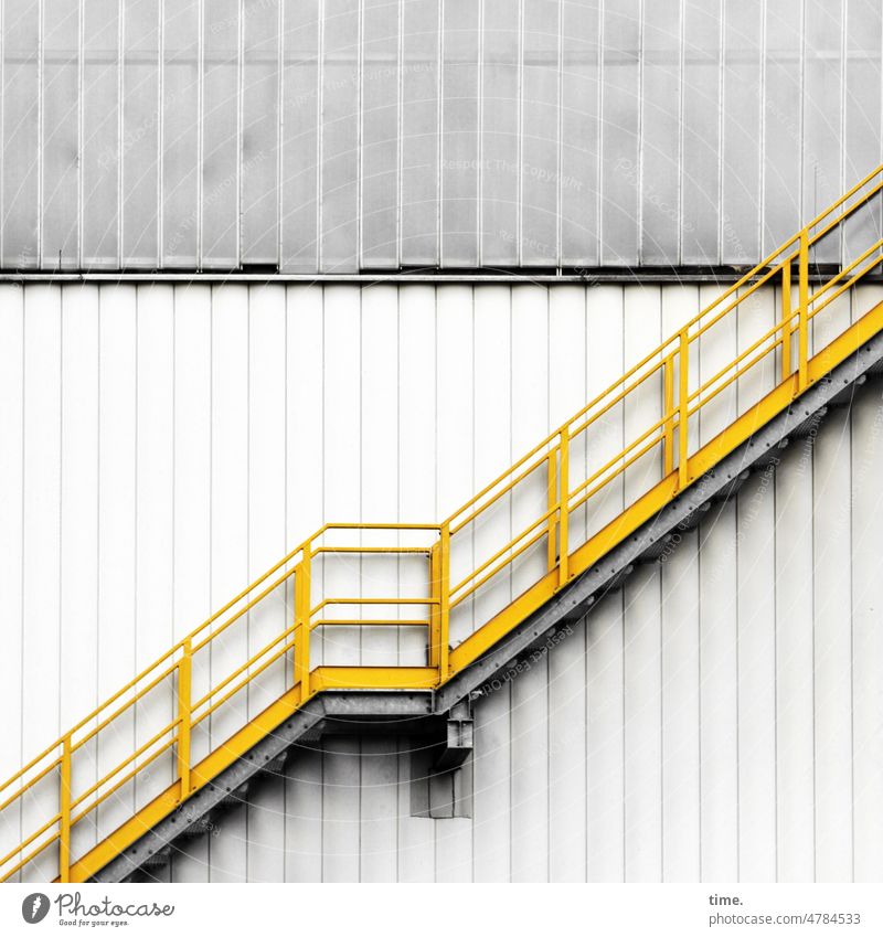breather Stairs Hall Warehouse Upward Yellow Metal Facade Wall (building) Steel Architecture Industry Building Factory Storage Industrial Photography