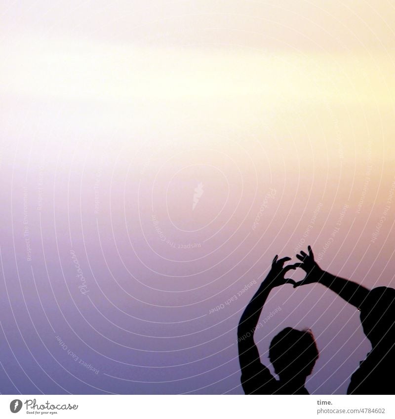 What comes what stays? | Heart in the evening light evening sky heart symbol hands 2 Man Woman stop Love Affection Romance Silhouette Connection Connectedness
