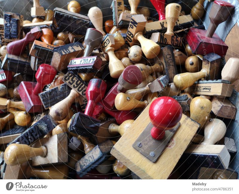 Old wooden stamps for bureaucracy and administration as still life in the warehouse of a former factory building in the district of Margaretenhütte in Giessen on the Lahn in Hesse
