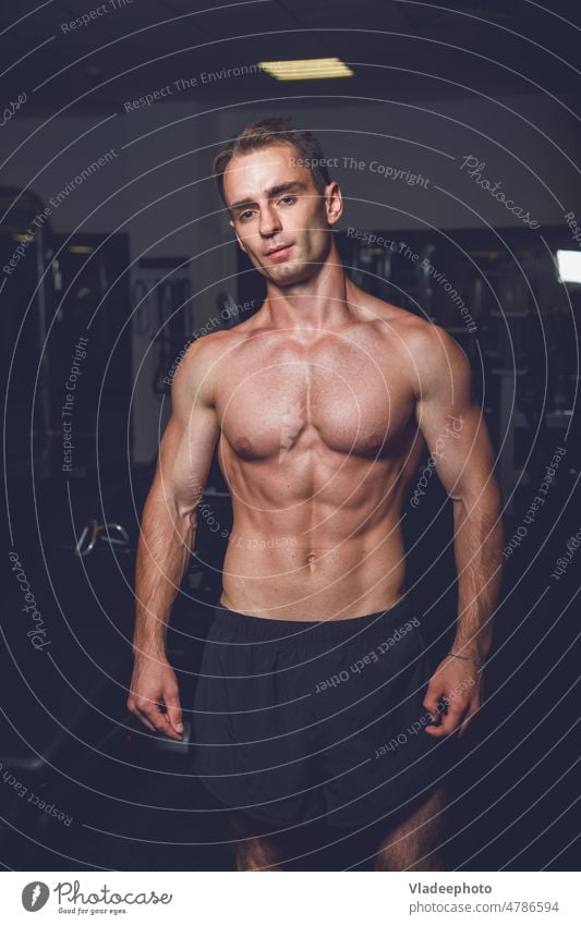 Strong Athletic Man portrait - fitness trainer body male healthy athlete strong muscle handsome lifestyle muscular torso sexy shirtless abs attractive guy gym