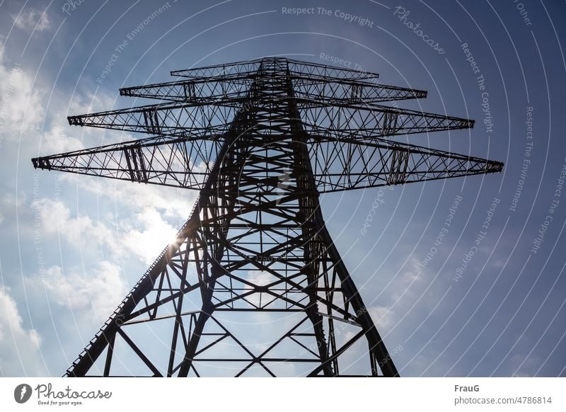 Power pole without connection Pole Electricity pylon Construction site Energy industry Energy crisis Sky Clouds Sun Upward Power transmission Without line Metal