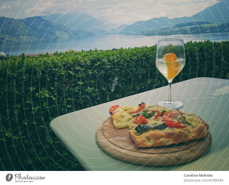 Apero with a view aperitif Morsels focaccia Drinking Lake Lucerne see mountains Stanserhorn alpine Landscape Nature pretty Relaxation pause voyage holidays