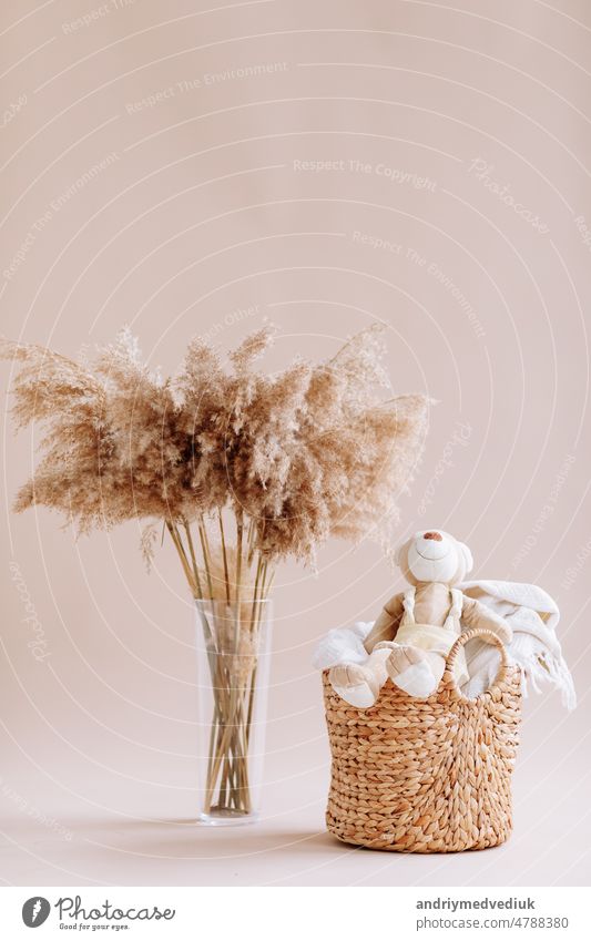 Interior of house of Natural accessories for home decor - dried plants in glass vase, wicker basket with teddy rabbit and plaid. Scandinavian cozy decor. copy space
