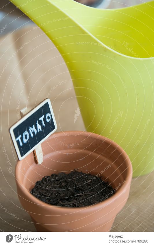 Small clay pot with tomato seeds to germinate. Watering can behind. food fresh agriculture closeup natural organic garden green background blackboard brown