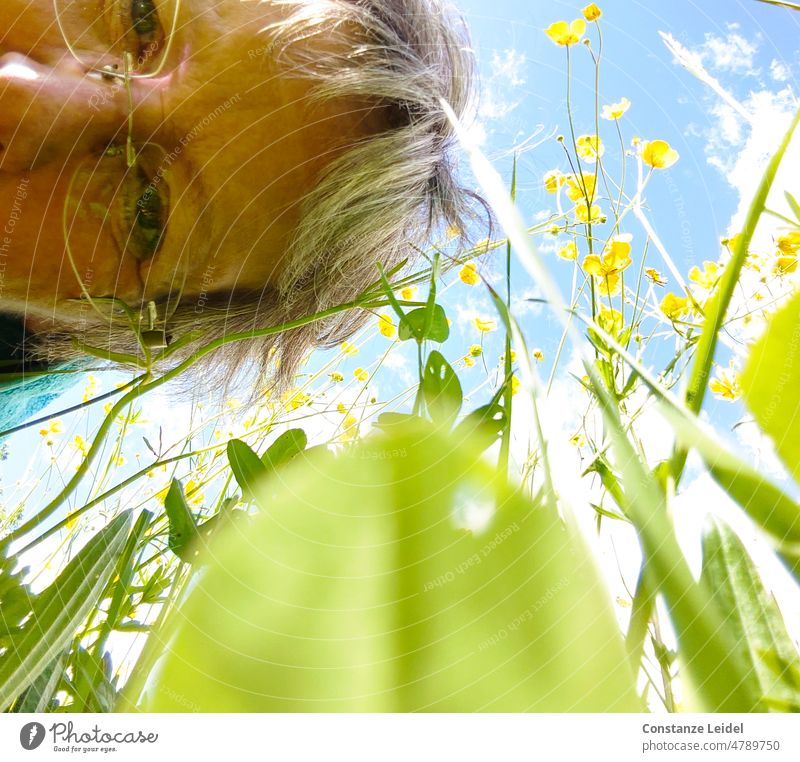 Portrait of woman bending over flower meadow with blue sky in background. Woman portrait Face Person wearing glasses Eyeglasses Adults Looking into the camera