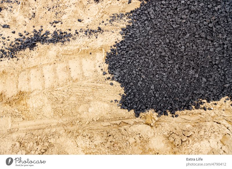 A layer of fresh and hot, asphalt on the sand Abstract Asphalt Asphalting Background Bitumen Black Brown Clay Close Up Concrete Construction Dark Dirt Fresh
