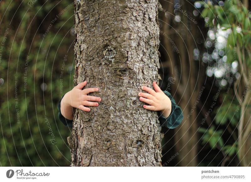 A small child hugs a tree. Love of nature, environmental protection. Tree trunk Embrace Environment Green Environmental protection hands Nail polish