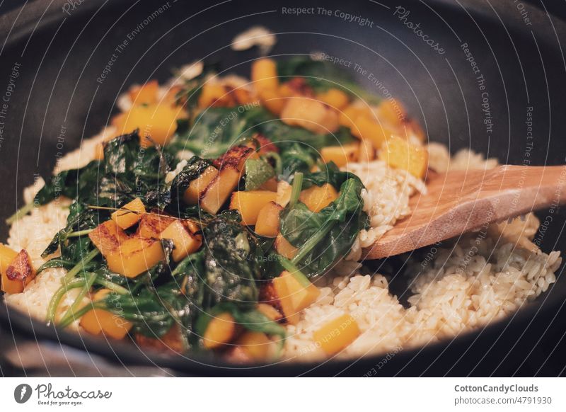 Orzo, pumpkin and spinach in a pan food vegetable meal cooking dinner dish vegetables healthy cuisine lunch fry wok kitchen green vegetarian diet orzo no people