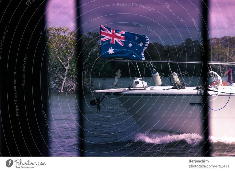 A white motor ship passes by at a brisk pace. A slight bow wave and an Australia Flag flag give the whole thing something special. In the background are mangroves.