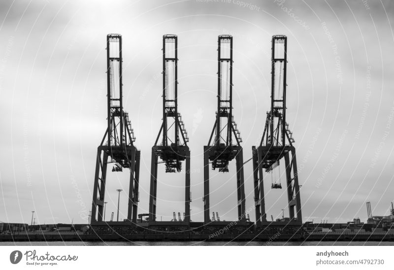 Four harbor cranes in the port of Hamburg B2B B2C Business cargo commercial container container terminal dock elbe europe export freight geometric germany