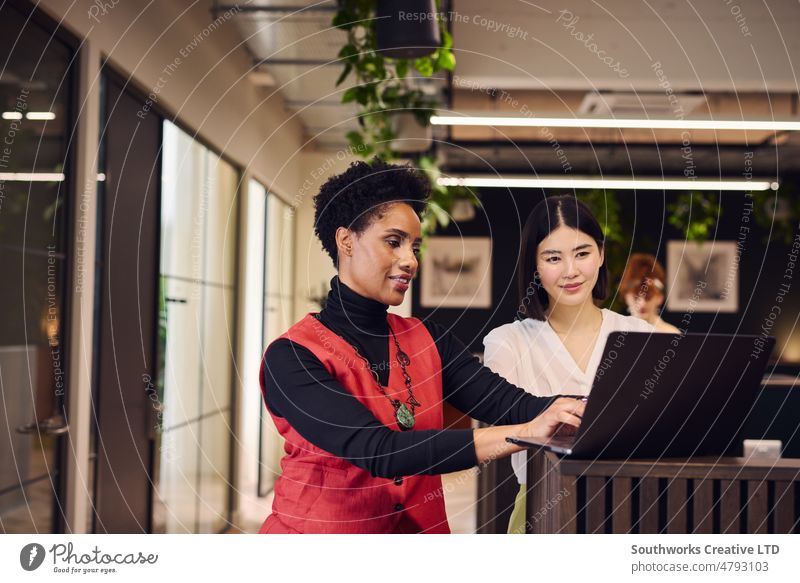 Portrait of mature black woman and mid adult Chinese female colleague using laptop in open plan office space portrait chinese coworking indoors day three people