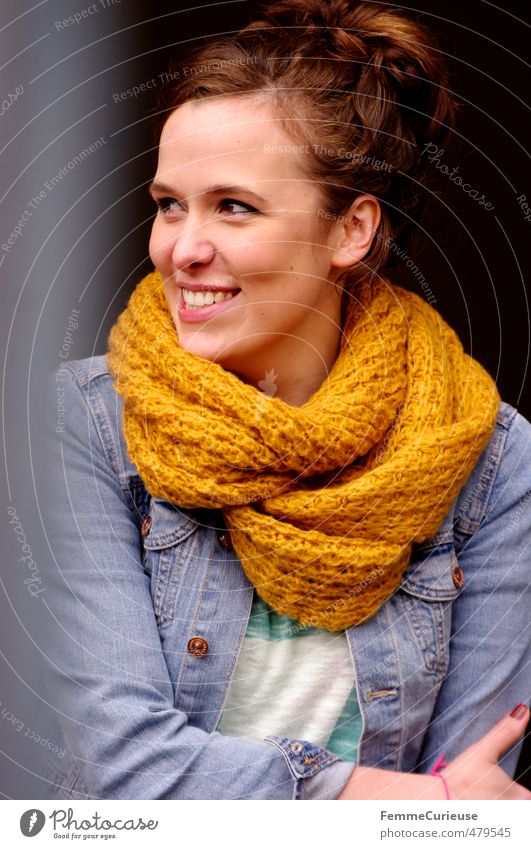 Autumnal Woman (III). Lifestyle Style Beautiful Feminine Young woman Youth (Young adults) Adults 1 Human being 18 - 30 years Cuddly Joy Scarf Yellow